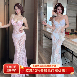 25新款透视蕾丝吊带长裙手工钻花低胸聚拢罩杯性感礼服裙夜场女装