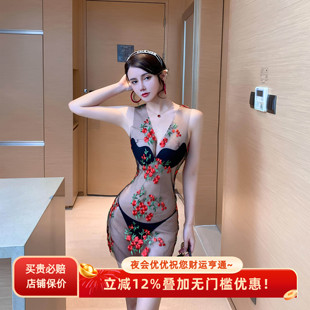 夜会优优性感连衣裙辣妹超短裙刺绣缝花网纱透视短裙桑拿会所工装