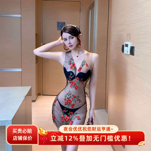 夜会优优性感连衣裙辣妹超短裙刺绣缝花网纱透视短裙桑拿会所工装