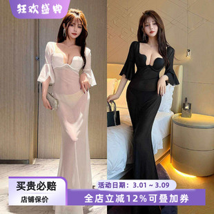 遮肉喇叭袖晚礼服夜场性感U杯显瘦鱼尾裙连衣裙低胸ktv选秀工服
