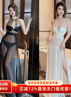 2025年新款雪纺透视长裙深v低胸收腰长礼服纯欲性感桑拿技师工服