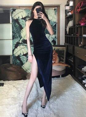 晚宴礼服女长款性感夜店晚礼服夜场25新款挂脖开叉名媛修身连衣裙