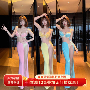 显曲线！性感风透视吊带连衣裙女开叉长裙加厚聚拢内衣夜店礼服