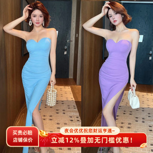 25春新款妖娆亮色性感抹胸连衣裙深V低胸收腰显瘦开叉中长裙