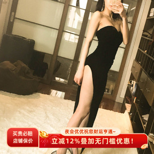 性感御姐露肩丝绒抹胸高叉长裙车模走秀宴会晚会主持人网红晚礼服