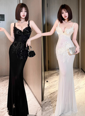 收腰显瘦夜店女神性感连衣裙夜场高级夜总会白色深V显胸长款礼服