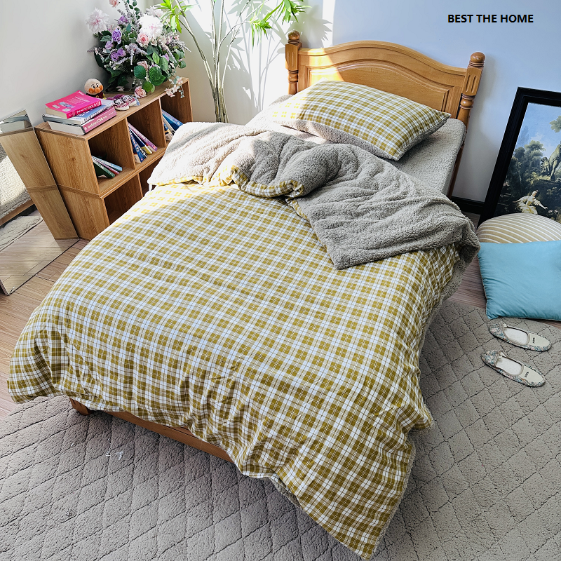 单人冬季款 日单  全棉色织磨毛/配羊羔绒 枕套被套床笠 断码清仓