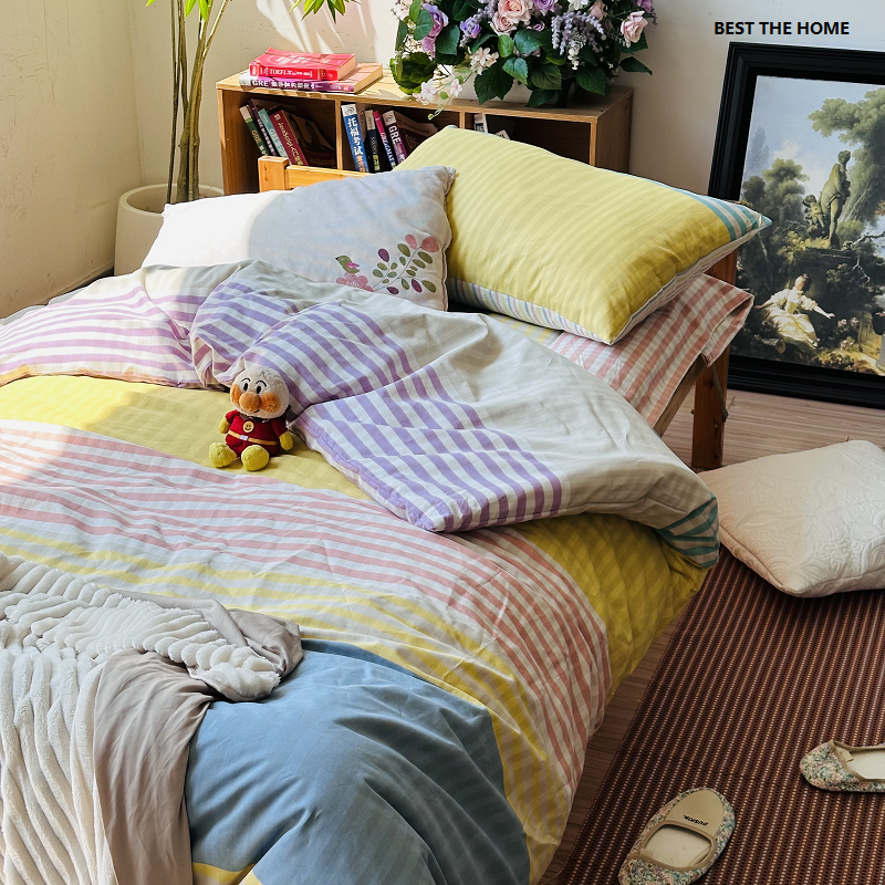 日单改款 100%棉 40支平纹色织床上用品 枕套 被套 床单 四件套