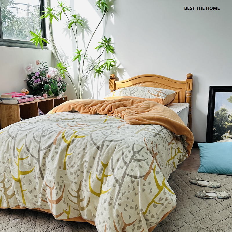 出口日单 秋冬季100%棉绒布配DTY低弹丝珊瑚绒 枕套被套 断码特价