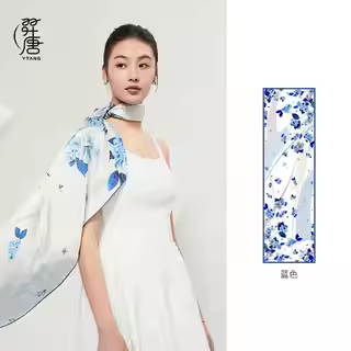 羿唐丝绸原创设计丝巾【醉青花】天然桑蚕丝长巾防嗮披肩女外搭