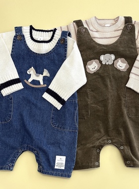 26春新款cottoli小木马男孩牛仔背带裤哈衣爬服可爱卡通刺绣裤子