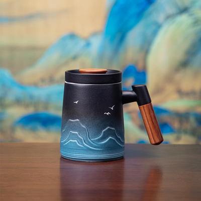 平仄千里江山浮雕立体陶瓷泡茶杯