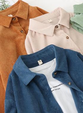 2022春装新款复古灯芯绒衬衫女外套港味ins宽松条绒长袖外搭衬衣