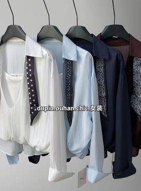 欧韩假两件设计感长袖衬衫女早秋新款韩版百搭通勤气质衬衣搭丝巾