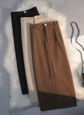 灯芯绒半身裙女2024新款秋冬高腰包臀裙美拉德开叉中长款a字裙子