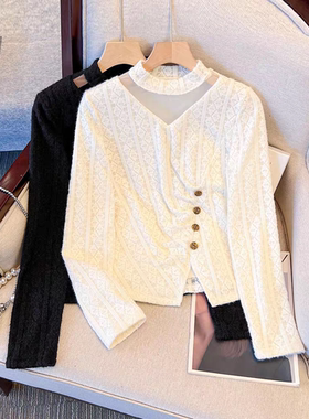 黑色加绒半高领镂空打底衫女内搭高级感2025新款冬小个子t恤上衣