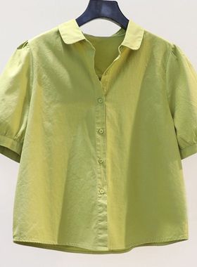 100%棉小清新泡泡袖衬衣女宽松短袖休闲衬衫2024夏季气质百搭上衣