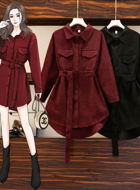 单排扣POLO领灯芯绒衬衫女2024春秋洋气Chic气质中长款衬衣配腰带