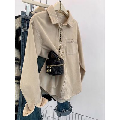 新年红色灯芯绒磨毛衬衫外套女秋冬小个子叠穿衬衣法式长袖上衣冬