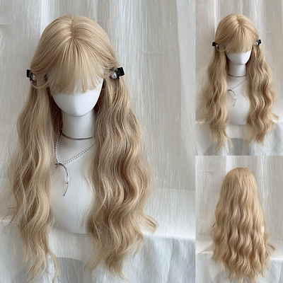 假发女长发网红主播cos甜美可爱白金色空气刘海长卷发新款全头套