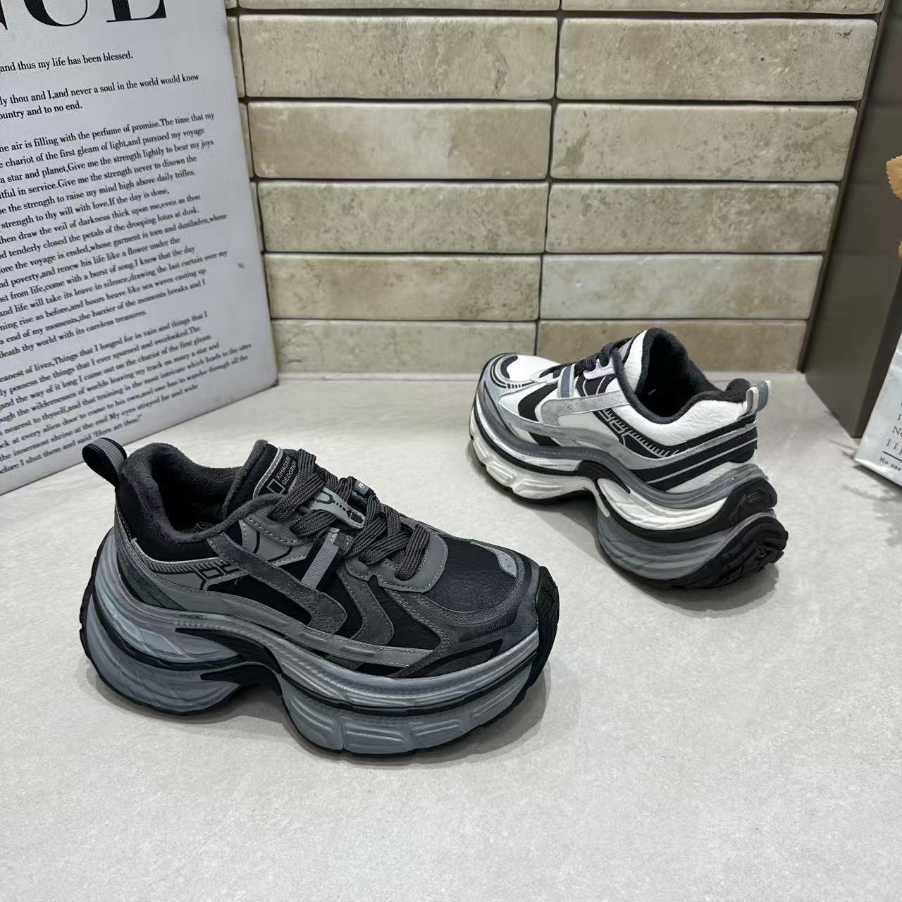 芭慕秀2025冬季新款厚底增高加绒老爹鞋女擦色复古做旧休闲运动鞋