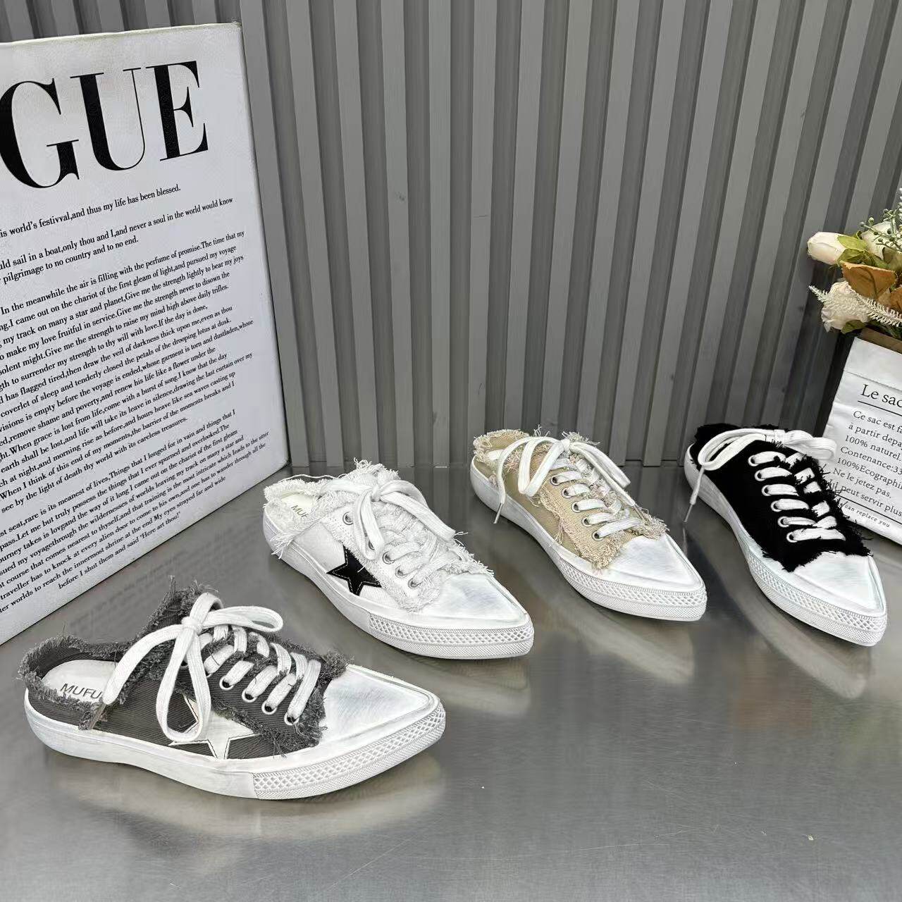 2026年新款夏季复古做旧星星小脏拖鞋女ins爆款透气帆布包头拖鞋