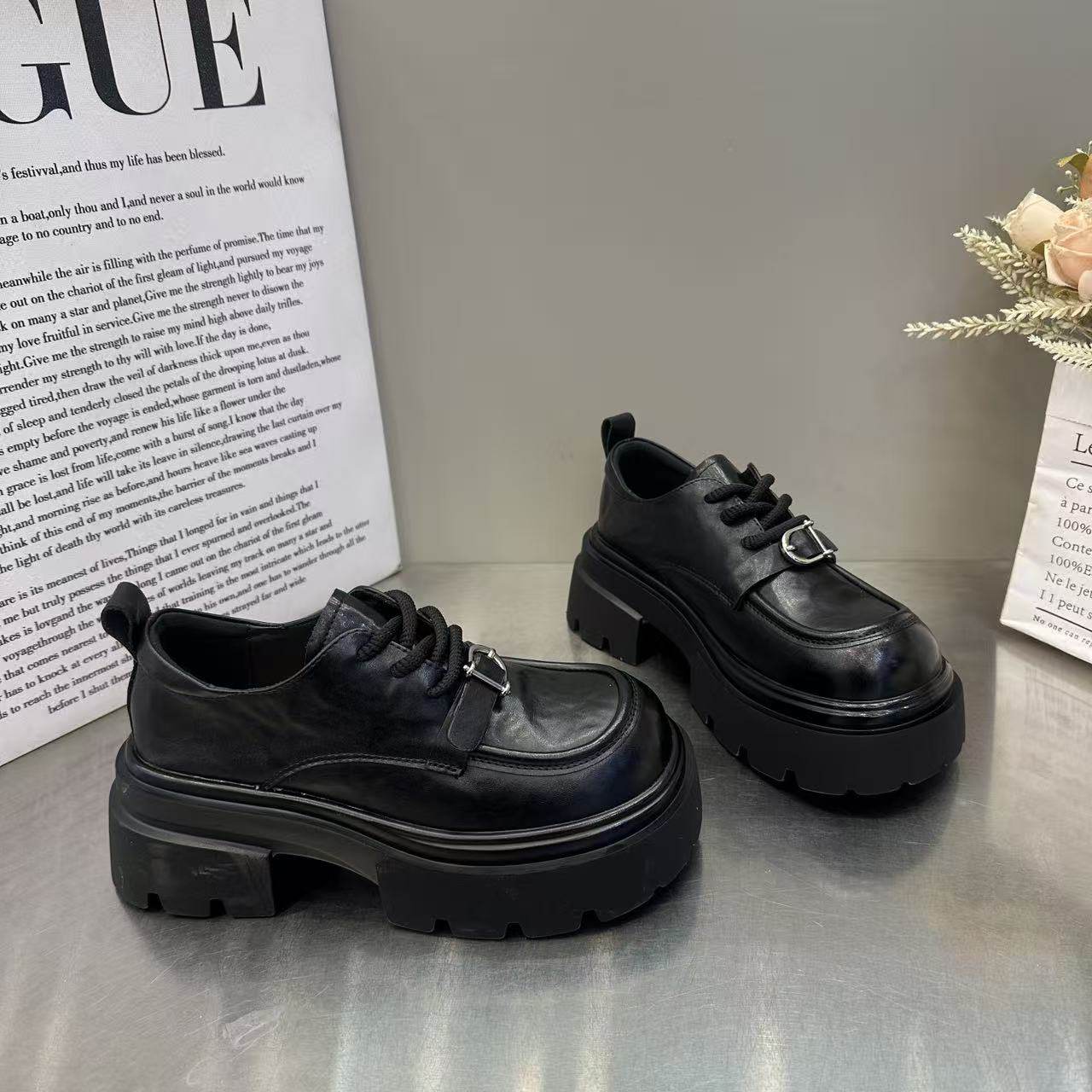 欧货粗跟厚底休闲小皮鞋女2026新款复古英伦风增高黑色松糕乐福鞋,女鞋,棉鞋,淘宝优惠券,粉丝福利购,淘宝优惠卷