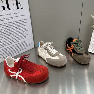 欧货歪头复古拼色休闲运动鞋女2026新款春季系带百搭内增高德训鞋