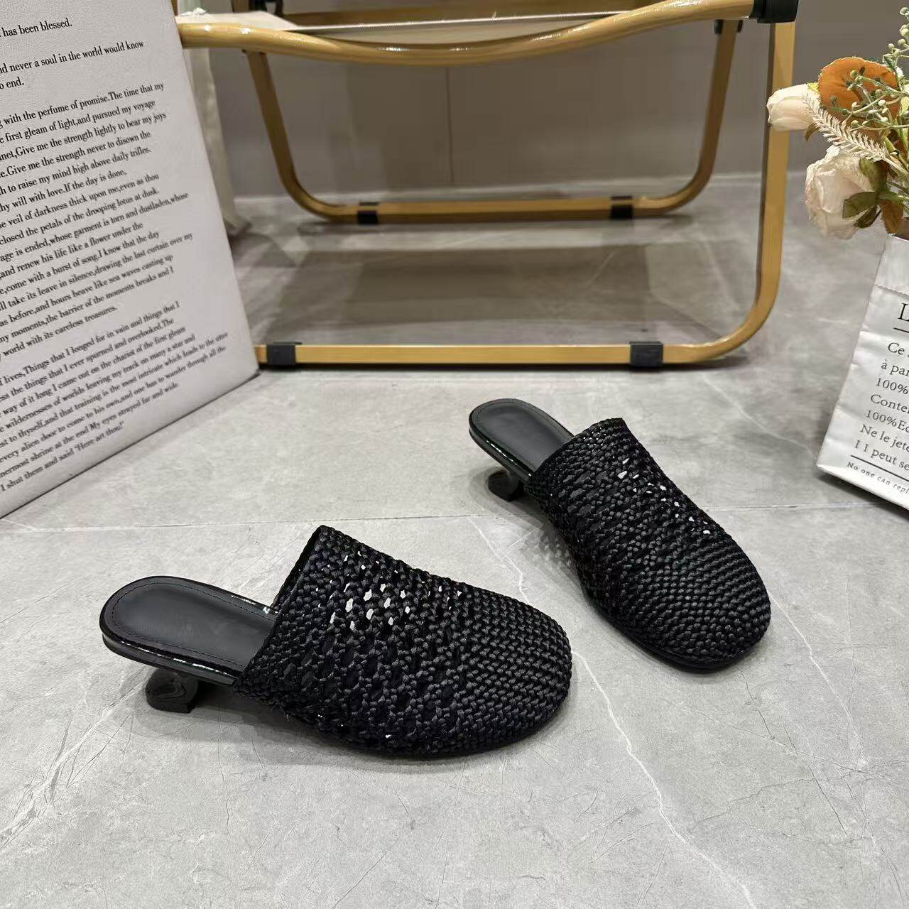 巴宝秀针织镂空渔网复古包头拖鞋女2026年新款中跟一脚蹬外穿凉拖