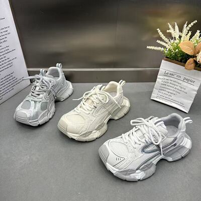 欧货复古厚底银擦色老爹鞋女2026年春季新款小个子增高休闲运动鞋