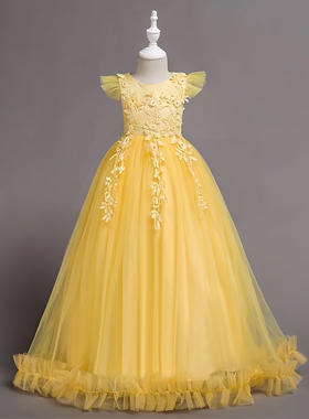 女童走秀长裙洋气大气夏季演出裙子中大童黄色网纱蓬蓬裙儿童礼服