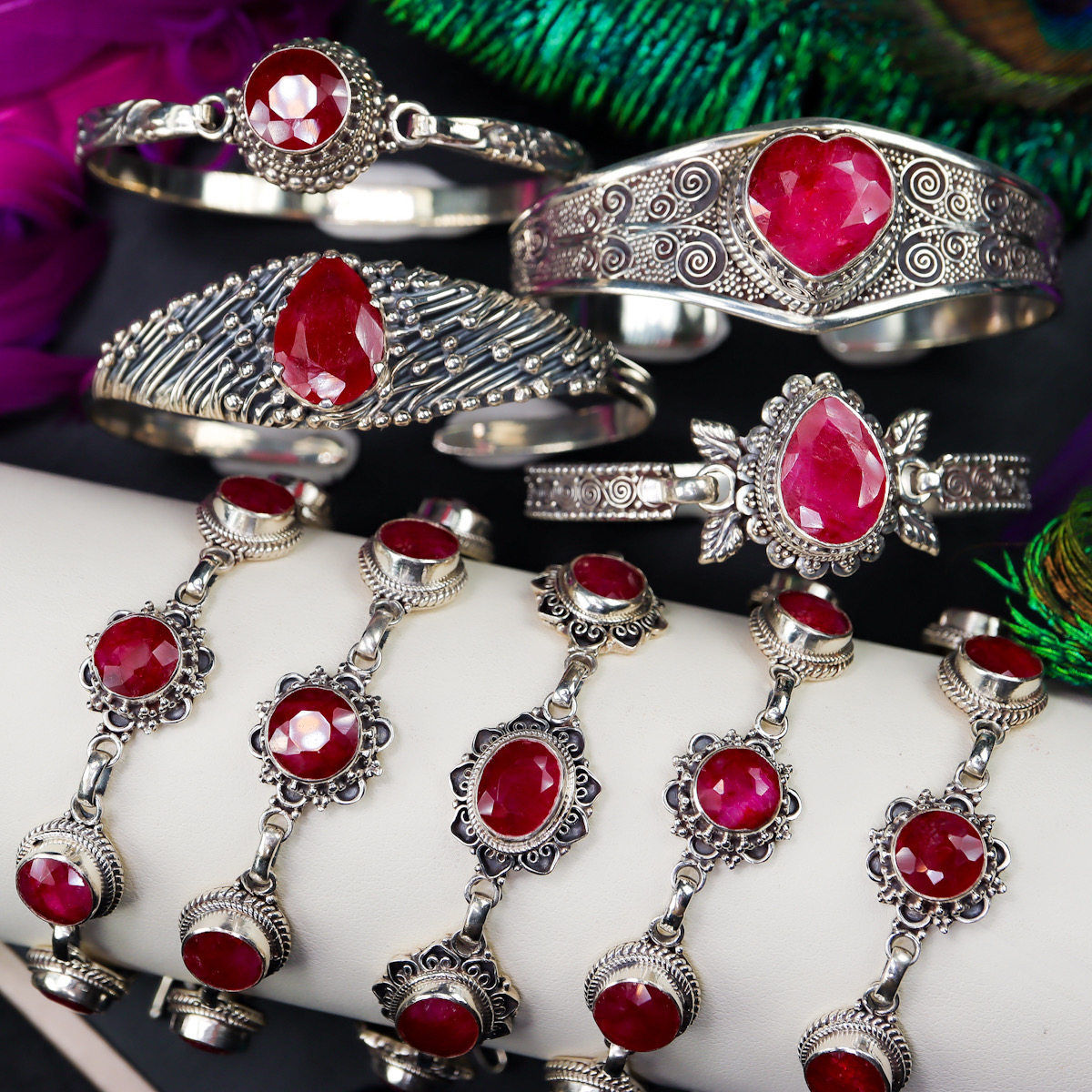 尼泊尔印度红宝石手镯手链女s925纯银复古民族宫廷风手工做旧饰品