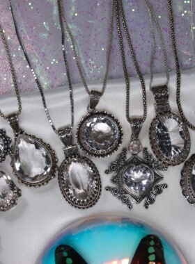 尼泊尔手工S925纯银天然白水晶大吊坠女复古项链宫廷风小众设计款