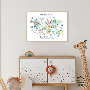 World Map卡通动物地图海报装饰画北欧儿童卧室挂画幼儿园墙壁画