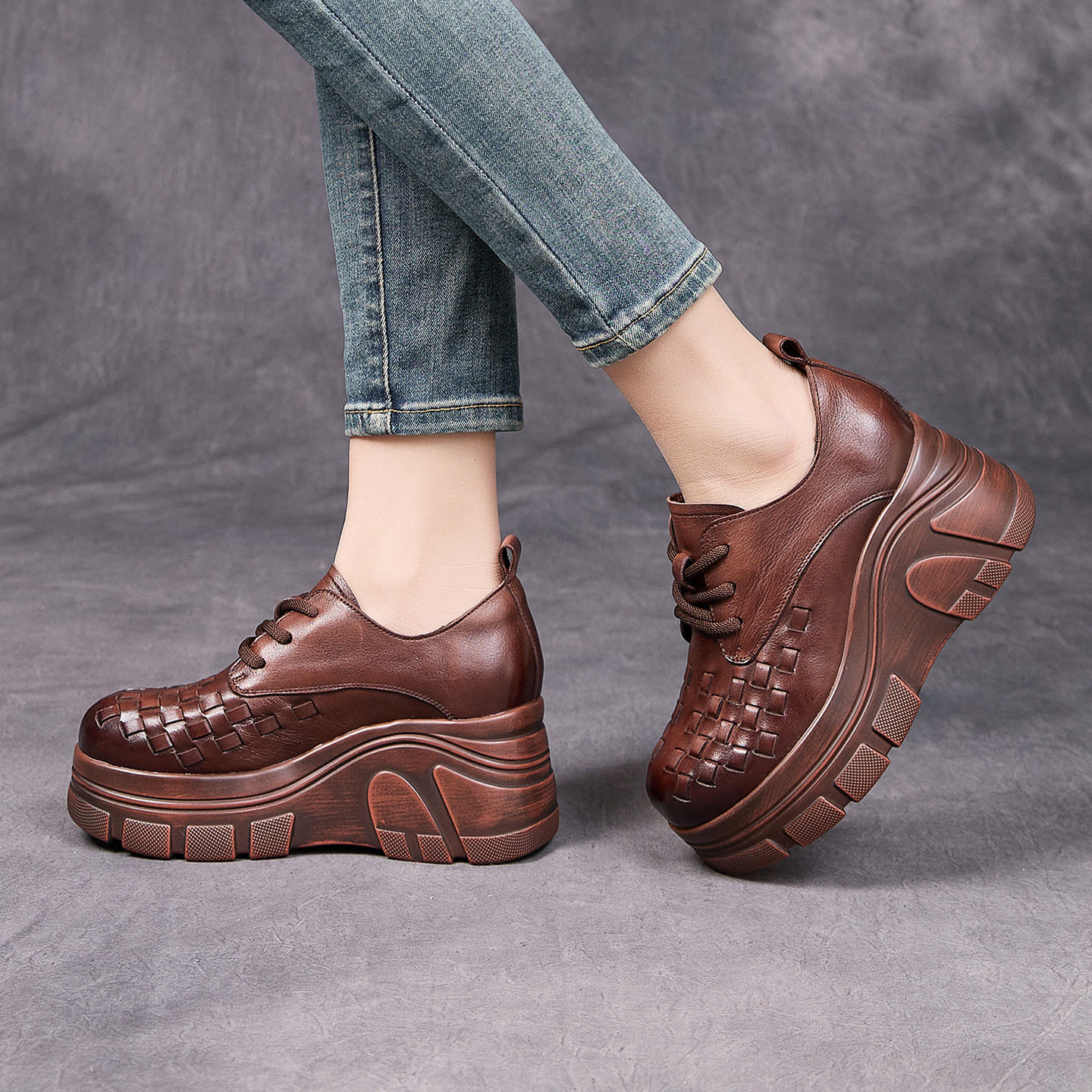 复古风真皮厚底编织单鞋女2026春秋新款坡跟小个子百搭系带小皮鞋,女鞋,浅口单鞋,淘宝优惠券,粉丝福利购,淘宝优惠卷