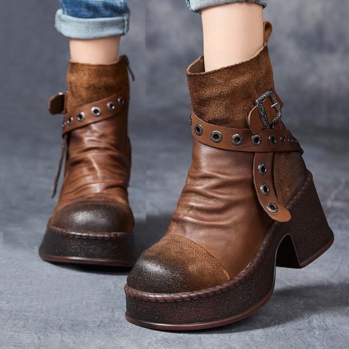 复古真皮马丁靴女2025秋冬新款粗跟厚底短筒棉靴英伦风铆钉机车靴