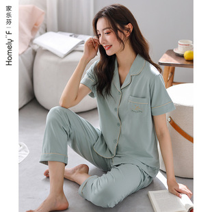 100%纯棉短袖 家居服夏天薄款 北极绒睡衣女士夏季 长裤 开衫 加大码