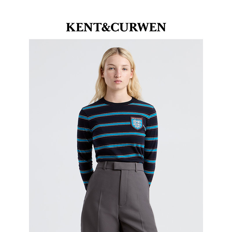 KENT&CURWEN/肯迪文2025秋冬系列女士三狮徽章条纹圆领长袖棉T恤