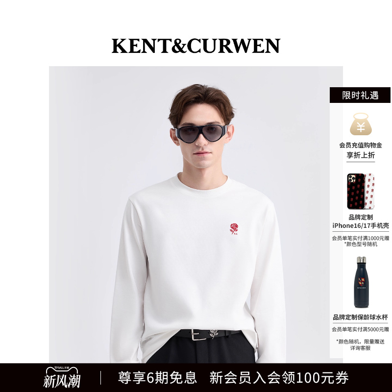 KENT&CURWEN/肯迪文2025秋冬新品男女款玫瑰刺绣圆领纯棉长袖T恤
