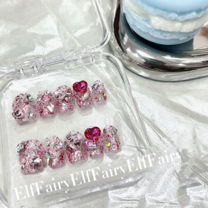甜心辣妹纯手工穿戴甲短款贴钻爆闪级感少女粉色闪片立体美甲甲片