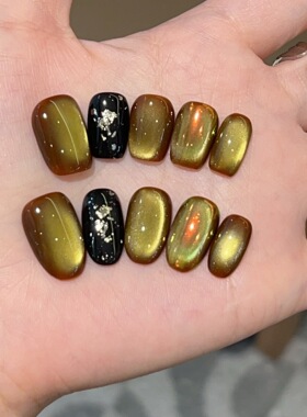 美甲穿戴甲短款纯手工【林下叶】秋冬枫叶焦糖金色玻璃珠猫眼极光