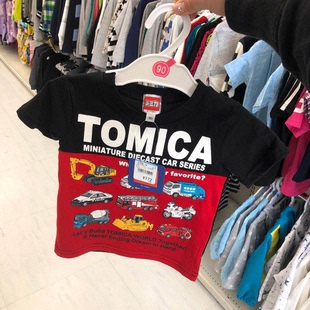 130码现货日本西松屋儿童汽车TOMICA衣服卡通短袖T恤透气夏装上衣