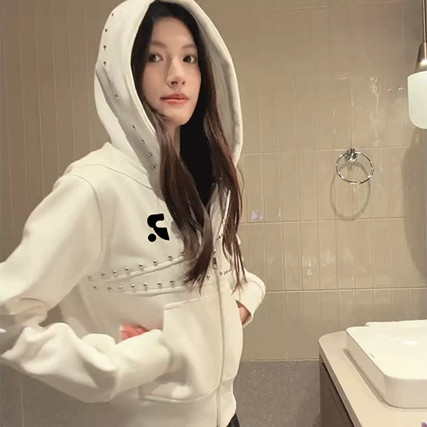 轻亚系Y2K铆钉连帽卫衣开衫女