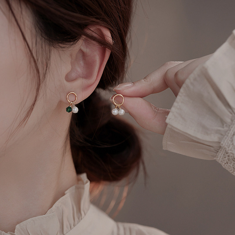 TinySylvie绿锆石珍珠耳坠百搭