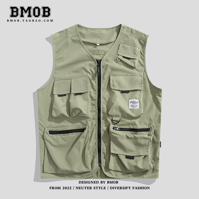 BMOB 일본식 작업 조끼 남성 자켓 트렌디 브랜드 멀티 포켓 잘 생긴 기능성 전술 조끼 조끼 민소매 탑