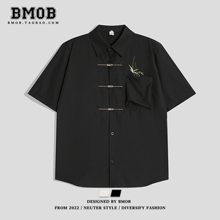 男女夏季 BMOB新中式 国风翠竹刺绣金属飞机扣短袖 衬衫 宽松冰丝衬衣