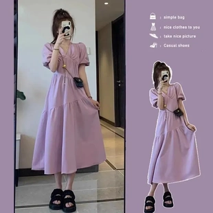 长裙微胖mm显瘦收腰高级感法式 2025新款 女装 夏季 紫色连衣裙子 大码