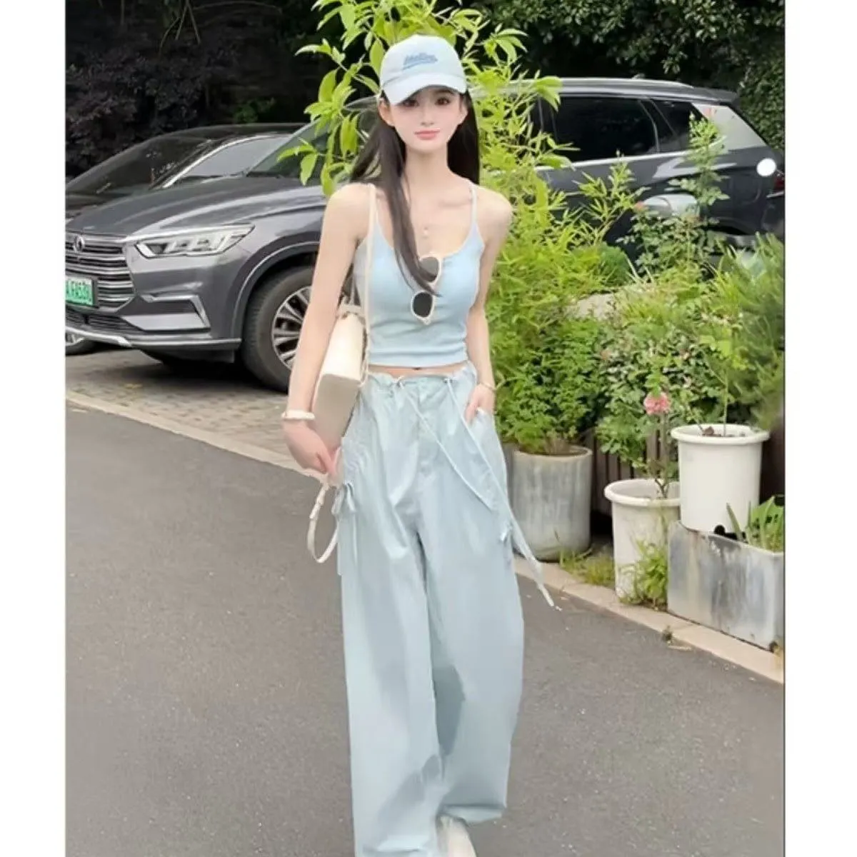 夏装搭配一整套吊带背心上衣高腰抽绳工装阔腿裤套装女夏季新款
