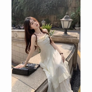 新款 甜美超仙純欲中長裙 木耳邊吊帶連衣裙夏季 韓版 拉鏈 內襯