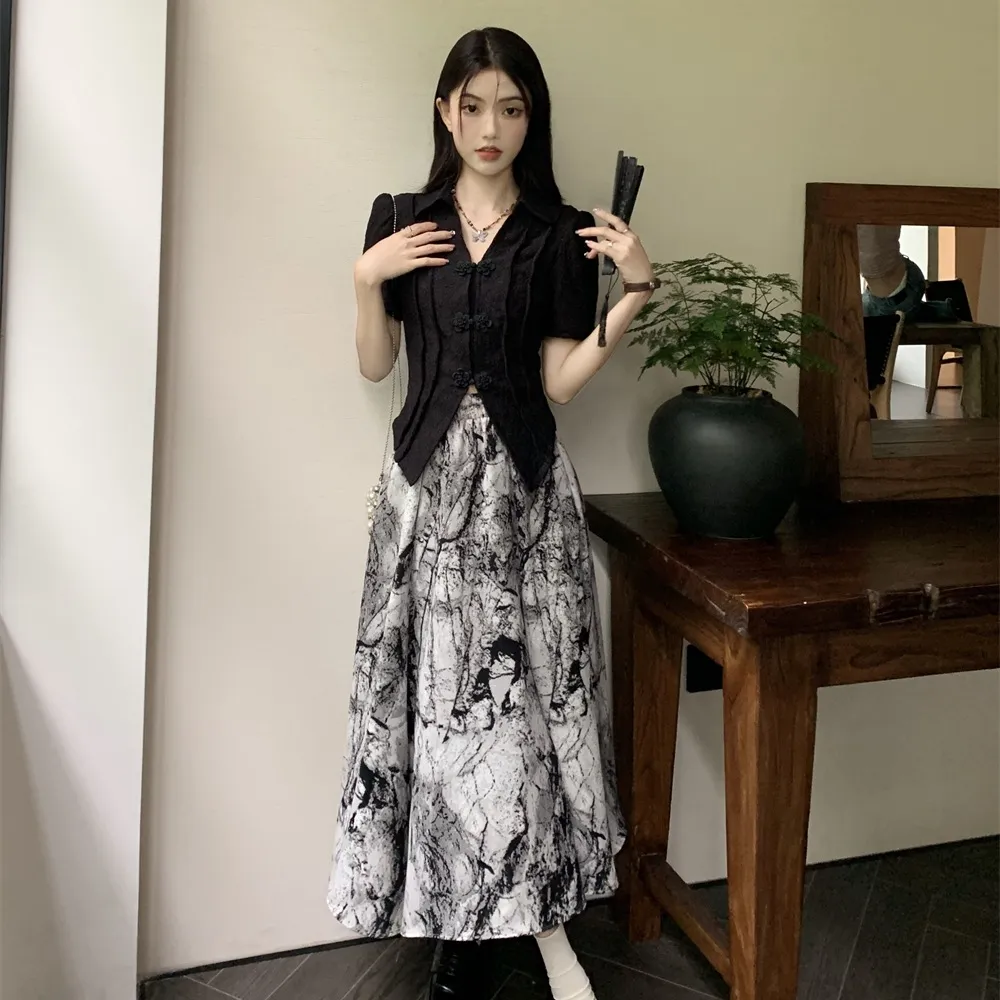 大码新中式国风套装短袖衬衫女夏季胖MM水墨半身裙子设计感两件套